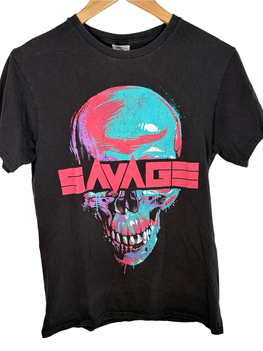 Savage Graphic Skull Tee - Black with Turquoise & Pink small